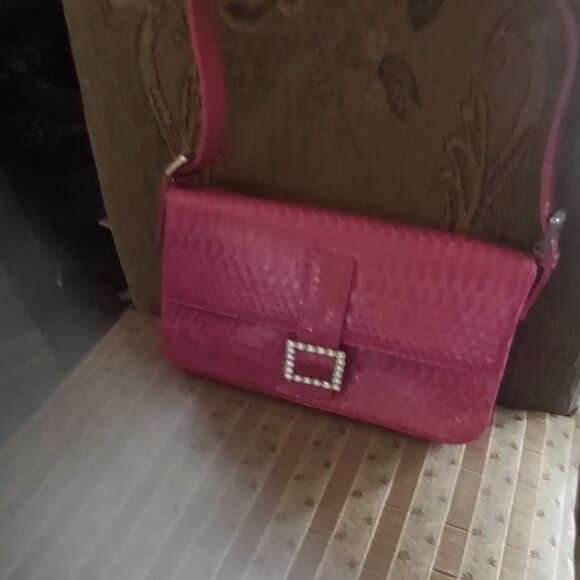 Vintage Beverly Feldman Pink Snakeskin Crystal Buckle Shoulder Bag - Picture 1 of 7